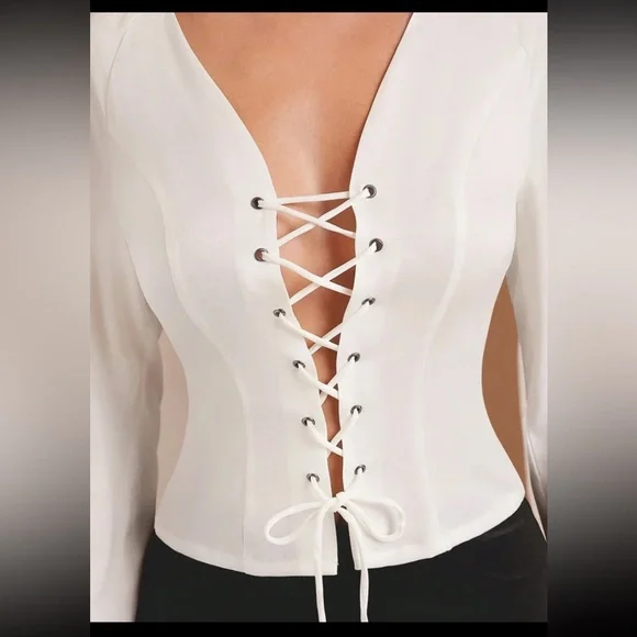 White satin lace up long sleeves top - Picture 3 of 5